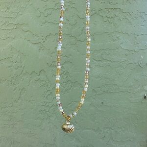 Gold and Cream Beaded Necklace with Shell Pendant